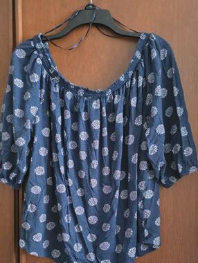Lucky Brand Navy Blue Printed Peasant/Off The Shoulder Blouse Sz 2X